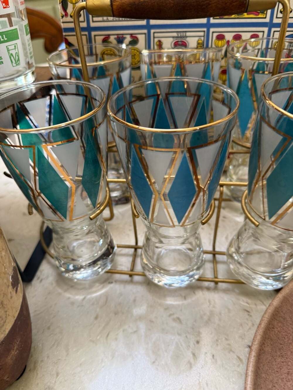 Libbey MCM Emerald Blue 22-Karat Gold Pilsner Glasses with Caddy